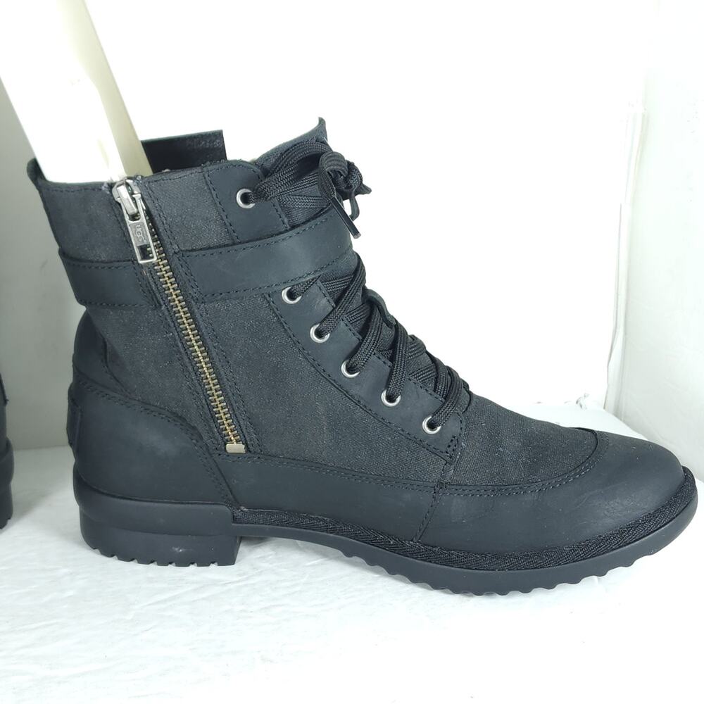 UGG Women's Tulane US7 Black Leather Canvas Waterproof Wool Lined Ankle Boots - Picture 5 of 16